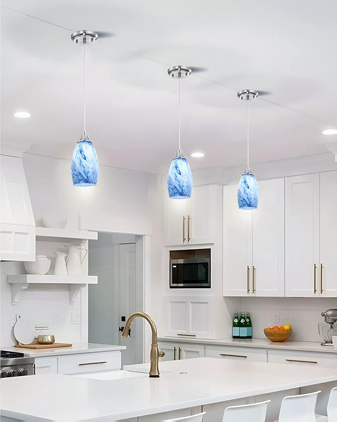karyfine Mini Pendant Lights Kitchen Island White Blue Glass Lamp Shade Hand Blown Glass Pendant Light with Brush Nickel Finish Adjustable Cord for Kitchen Over Sink Hallway,Dining Room,Stairs Way