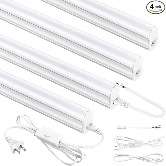 4FT T5 PRO LED Shop Lights, 2800LM 6500K Bright White LED Integrated Fixture, 20W Linkable Garage Light, Ceiling and Cabinet Light with ON/Off Switch, Workshop, Basement, 4 Pack