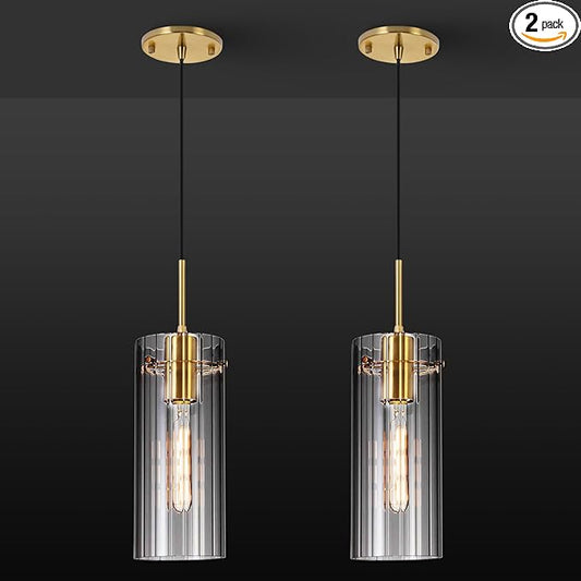 Gold Pendant Light Fixtures, 2 Pack Modern Pendant Lighting with Clear Striped Glass Shade, Hanging Pendant Lights Kitchen Island, Farmhouse Pendant Lighting for Dining Room Bedroom Bathroom