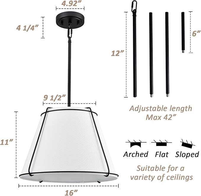 Modern Pendant Light Fixtures, 16" White Linen Drum Pendant Lights, Adjustable Hanging Light Fixture with Metal Frame, Black Chandelier for Bedroom Dining Room Kitchen Island Living Room