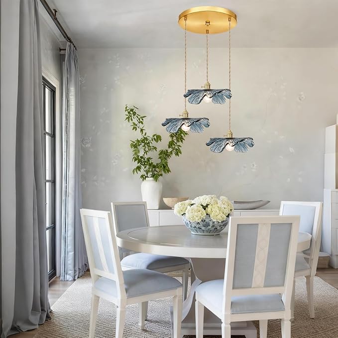 3-Cluster Chandelier Blue Glass Ceiling Pendant Light Fixtures Mid Century Adjustable Gold Brass Chandelier Lighting for Dining Room Living Room Kitchen, E26 Base