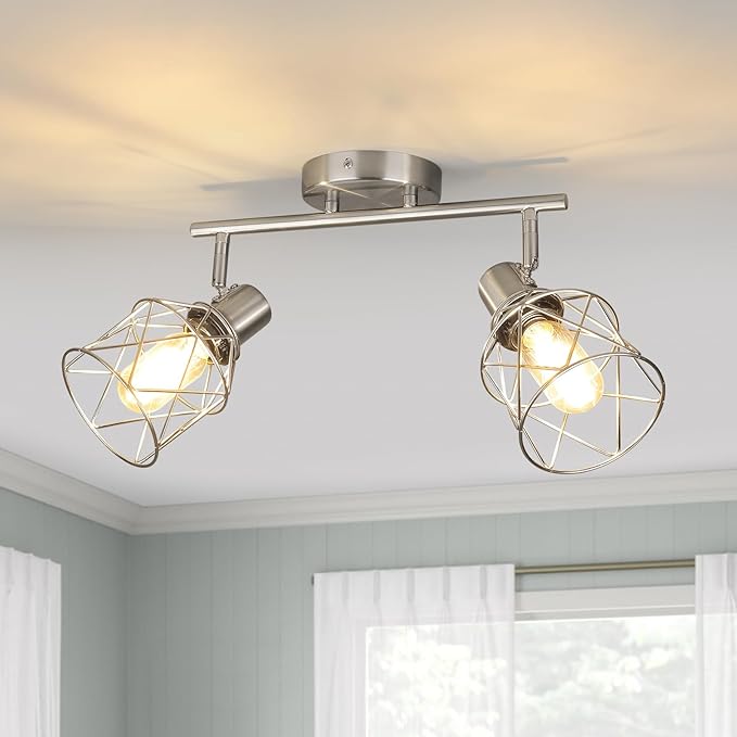 WILON Industrial Track Lighting Kit, 2 Light Modern Track Lighting Fixtures Brushed Nickel Flush Mount Ceiling Light Rotatable Light Head E26 Base Ceiling Spotlight for Kitchen Dining Room Hallway