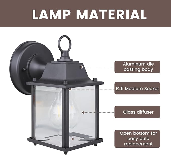 Classic Black Aluminum Wall Lamp – Wet Location Outdoor Fixture, Die-Cast Aluminum & Tempered Glass, E26 Base (60W Max) for Porch, Garage, Garden (Single Pack
