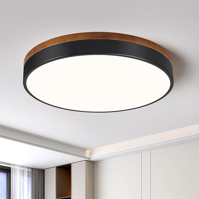 Modern Walnut Wood Black Flush Mount Ceiling Light, 15.75" Round LED Low Profile Close to Ceiling Fixture for Kitchen Bedroom Bathroom Laundry Hallway Entryway Closet Living Room