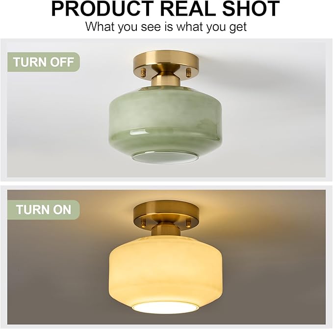 BISAMIYA Modern Semi Flush Mount Ceiling Light, 8.66" Olive Green Milk Glass Shade, Brass Finish Ceiling Light Fixture for Entryway, Hallway, Kitchen, Cafe, Bar