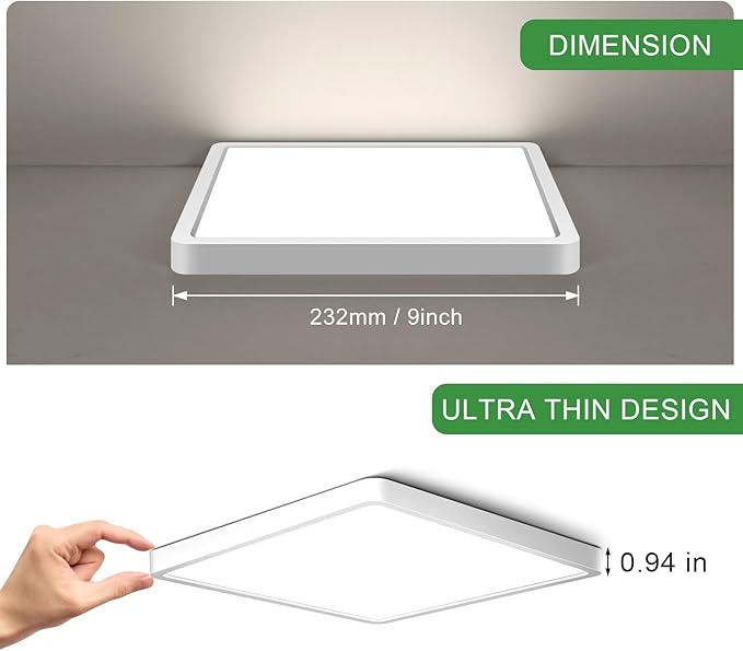 9Inch 18W Square LED Ceiling Light Fixtures Flush Mount, 4000K Natural White LED Ceiling Lamp, Surface Mount Modern Ceiling Lights, Slim Flat Panel Lighting for Bedroom, Kitchen, Bathroom Etc.