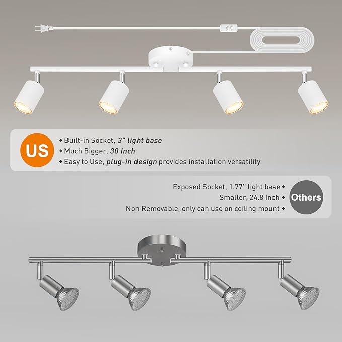 Plug in Track Lighting LED, Track Lighting Fixtures Ceiling, White 4-Light Kitchen Light Kit, Plug in Wall Light with 14.8ft Power Cord, Rotatable Ceiling Spotlight for Bedroom(GU10 Socket, NO Bulb)