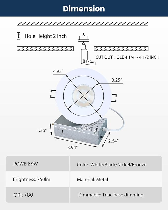 POPANU 4inch Gimbal LED Recessed Light Recessed LED 4 inch White Swivel Gimbal Canless Light 360° Rotation 90° Tilt 4" 9W Eyeball Lighting Dimmable Adjustable Can Spotlights 5CCT White 4 inch 6 Pack