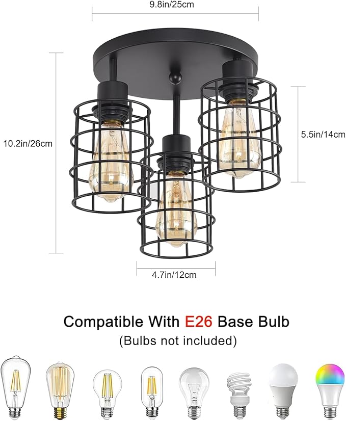 3 Lights Industrial Ceiling Light Fixtures,Iron Cage Ceiling Lamp Pendant Lighting,3-Light Close to Ceiling Light Fixtures, Modern Chandelier for Bedroom Entryway Kitchen Hallway