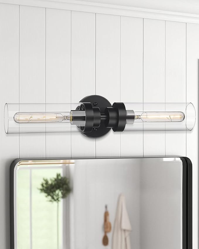 Emak 2 Light Black Vanity Lights for Bathroom,22 Inch Bathroom Light Fixtures Modern Wall Sconces with Clear Glass Shade for Bath, Bedroom, Hallway, VL085-BK-2