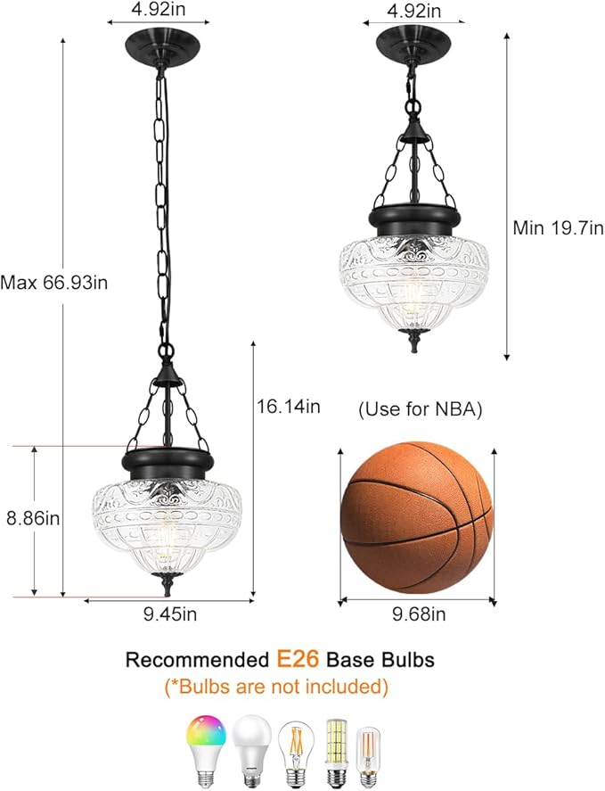 Vintage Pendant Light - Matte Black Pendant Lights Kitchen Island with Floral Glass, Hanging Lighting Fixtures with Adjustable Hanging Chain for Kitchen, Island, Dining Room, Entryway