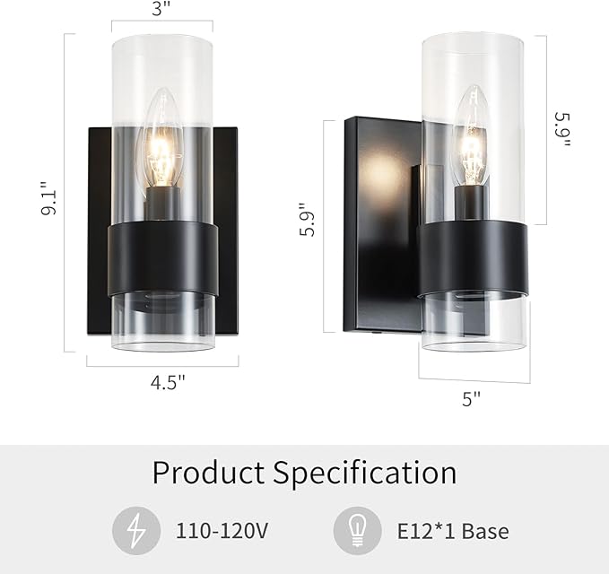 WUZUPS Set of 2 1-Light Bathroom Wall Light Fixture Over Mirror Flat Class Shade Morden Vanity Scones for Bathroom Bedroom Living Room, E12 Base, Black