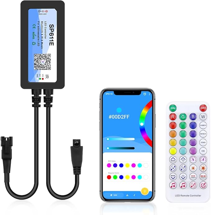 ALITOVE WS2812B WS2811 Controller Bluetooth APP Music Sync Addressable RGB IC LED Remote Controller Timer Function SP611E for SK6812 WS2812 SM16703 UCS1903 LED Pixel String Light Strip DC 5V~24V