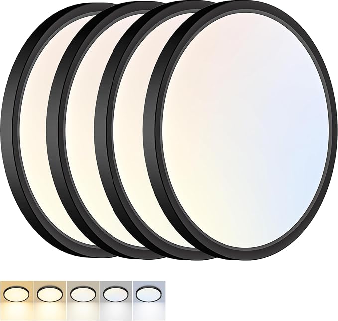 4 Pack LED Flush Mount Ceiling Light,7Inch 15W,3000K/3500K/4000K/5000K/6500K 5 Color Temperatures Ceiling Light Fixture for Kitchen Porch Hallway Bedroom Bathroom and Closet,Black