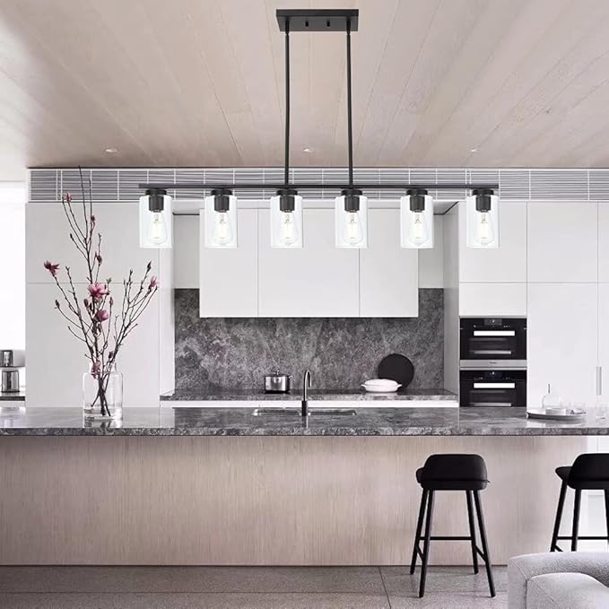 TODOLUZ Black 6-Lights Kitchen Island Light with Clear Glass Shades, Farmhouse Hanging Pendant Light Fixture for Farmhouse Dining Room Living Room
