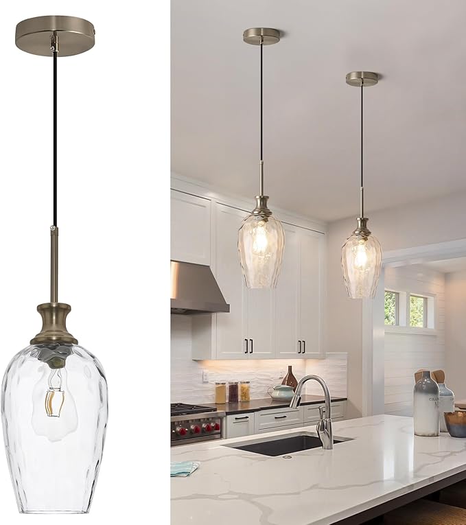 Modern Kitchen Pendant Lights,1-Light Nickel Pendant Light Fixtures with Hand-Blown Clear Glass Light Fixture for Kitchen Island Sink Dining Room Bedroom Hallway, E26 Bulb Not Includes