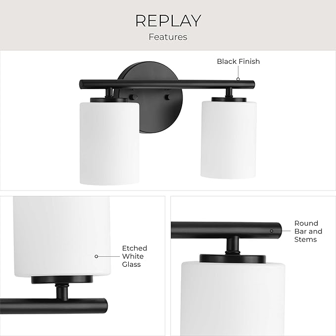 Progress Lighting 2-Light Bathroom Vanity Light, Modern Bath Lighting Fixture with Etched White Glass Shades for Over the Mirror, Reversible Mounting, Replay Collection, Textured Black