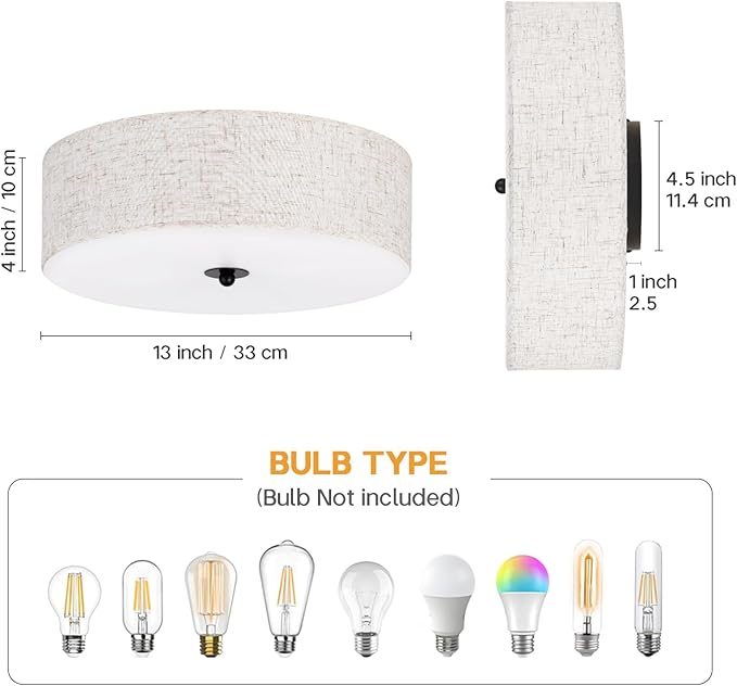 Flush Mount Ceiling Light Fixture, 13" Close to Ceiling Light with Beige Fabric Linen Drum Shade, 2-Light Modern Round Ceiling Light for Bedroom Hallway Dining Kitchen
