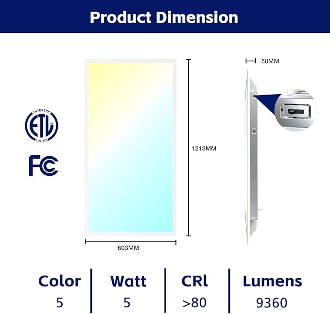 LED Flat Panel Light LED Drop Ceiling Light Fixture, 5 CCT 3000K-6500K Adjustable & 5 Wattage Selectable Recessed Back-Lit Fixture for Office, ETL Listed(40Pack 2x4)