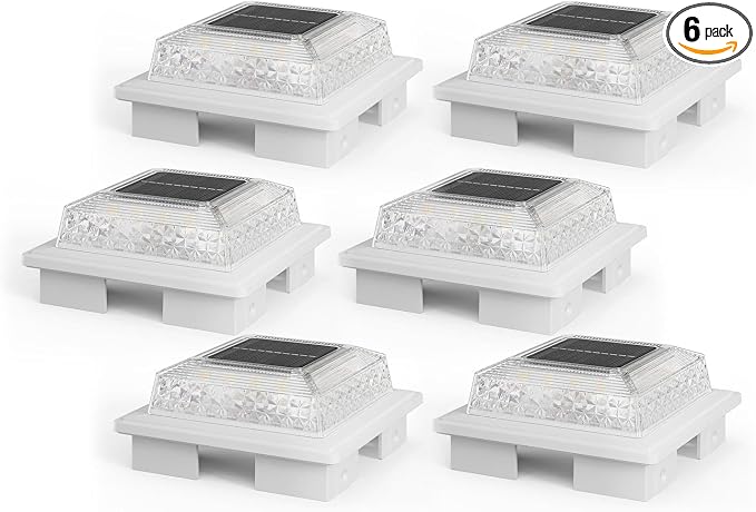 APONUO Solar Post Cap Lights, 3 Color Modes & 2 Brightness, Adjustable Base Fits 4x4 5x5 6x6 Posts (3.5-5.5 Inch), IP65 Waterproof, Deck & Fence Post Lights Solar Powered with Screws, White, 6 Pack