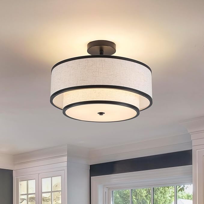 Semi Flush Mount Ceiling Light, 3-Light Double Drum Ceiling Light Fixture with Fabric Shade, Farmhouse Chandelier Dining Room Light Fixture for Bedroom, Kitchen, Hallway (Black)