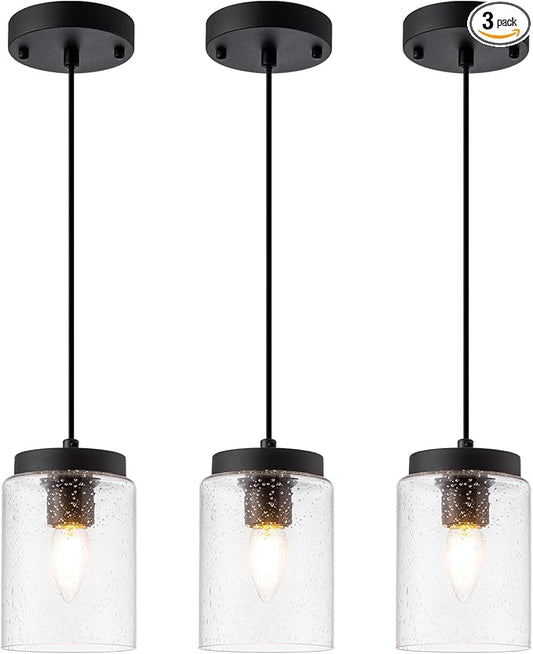 3 Pack Seeded Glass Pendant Light Black Pendant Lighting Modern Mini Hanging Lighting Adjustable Cord for Kitchen Island Dining Room Sink,4.7in