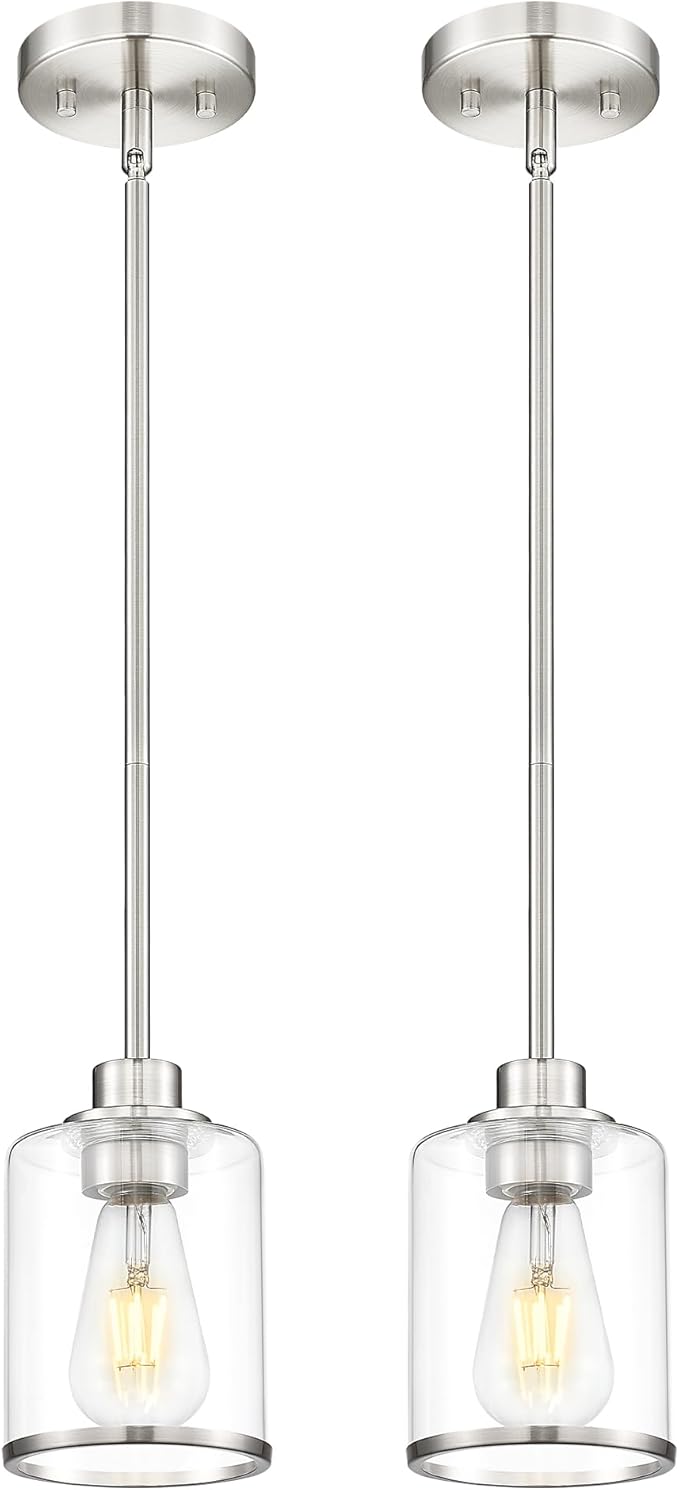 Beionxii Brushed Nickel Pendant Lights Kitchen Island 2 Pack, Hanging Lights Fixtures with Clear Glass, Kitchen Pendant Lighting Over Island, Hanging Lights for Sink Dining Room Entryway BX-PL02BN-2CG