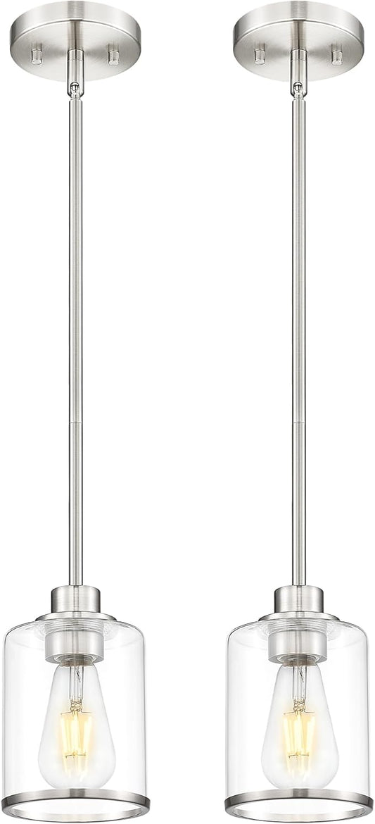 Beionxii Brushed Nickel Pendant Lights Kitchen Island 2 Pack, Hanging Lights Fixtures with Clear Glass, Kitchen Pendant Lighting Over Island, Hanging Lights for Sink Dining Room Entryway BX-PL02BN-2CG