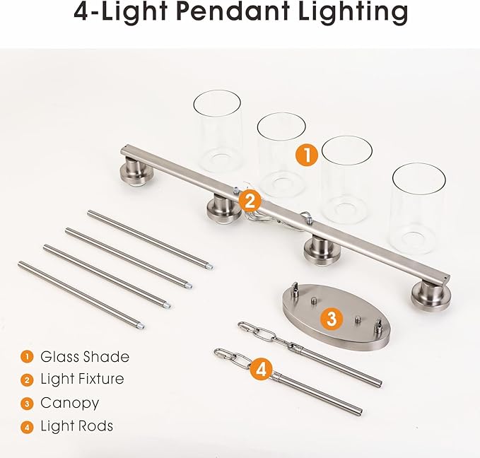 Kitchen Island Lighting, 4-Light Farmhouse Dining Room Light Fixtures Over Table, Linear Chandelier Pendant Lighting for Kitchen Island for Brushed Nickel Finish with Clear Glass Shade