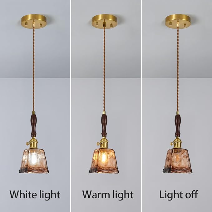 Amber Glass Vintage Pendant Light Height Adjustable Handmade Glass Pendant Lights Kitchen Island Gold Hanging Light Fixture with Wood Handle for Bedroom Dining Room Hotel (2Pack)