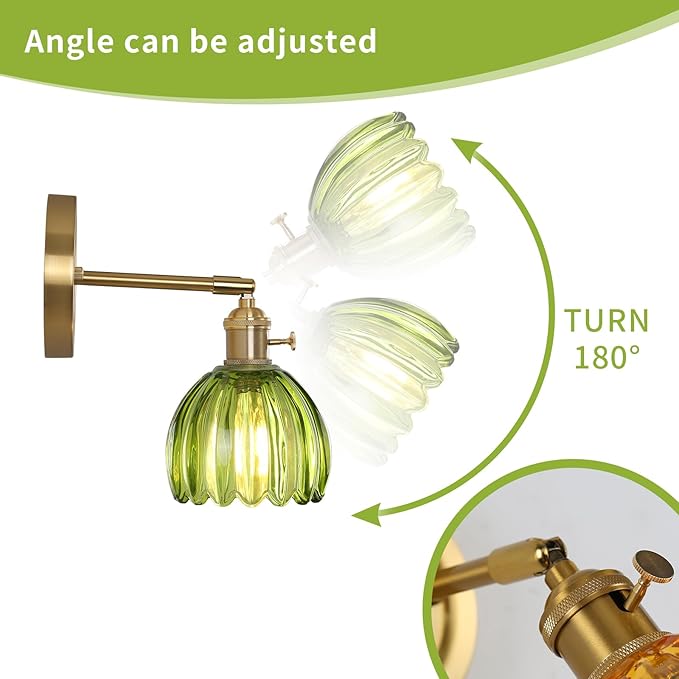 Vintage Wall Sconces Set of 2 Corded Wall Sconce Indoor Wall Mount Lamp with Tulip Glass Shade 180°Adjustable Victorian Art Wall Light with Twist Switch for Bedside Doorway (Green, Hardwired)
