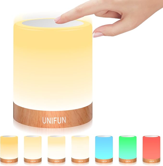 UNIFUN Touch Control Night Light - Rechargeable Bedside Table Lamp with Dimmable Warm White (2800K-3100K) & RGB Color Changing, Portable Cordless LED Lamp for Bedroom, Nursery, Living Room