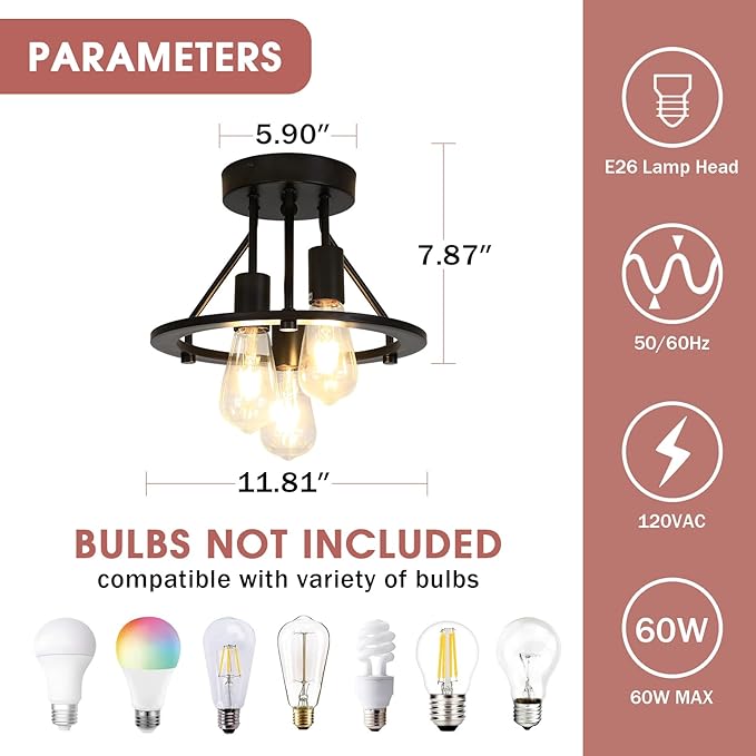 Semi Flush Mount Ceiling Light Fixture 3-Light Matte Black Ceiling Light E26 Edison Farmhouse Industrial Small Chandelier for Entryway Hallway Bedroom Kitchen Foyer Passway Balcony