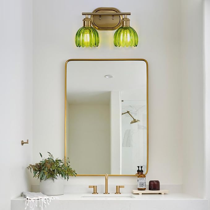 Bathroom Light Fixtures, 2-Light Gold Bathroom Vanity Light with Ribbed Green Tulip Glass Shade, Brass Wall Scone Lighting Over Mirror for Bedroom, Living Room, Hallway