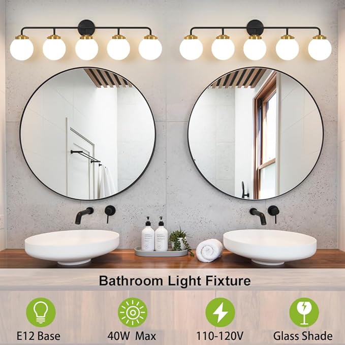 Black Gold Bathroom Light Fixtures Over Mirror, Modern Vanity Lighting with Milk White Glass Globe Shades 5-Light Farmhouse Wall Sconce