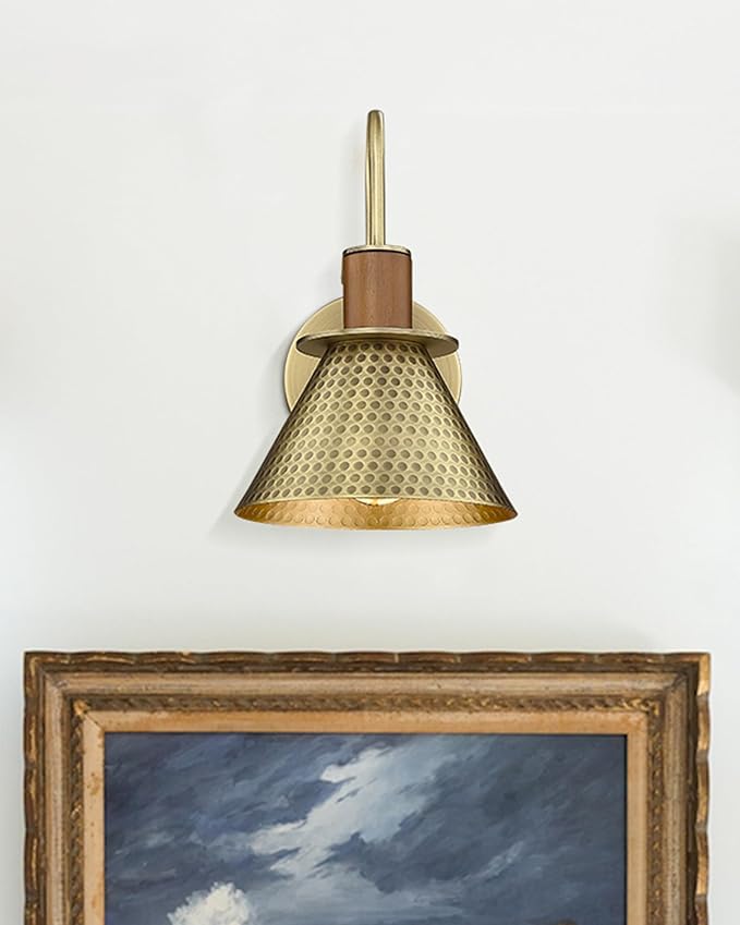 Brass Wall Sconces Set of Two, HWH Industrial Wall Light Fixtures Gold Barn Light, Single Wall Lamp for Bedroom Bedside Bathroom Kitchen, Hammered Metal Shade, Antique Brass, 5HZG74B-2 BG