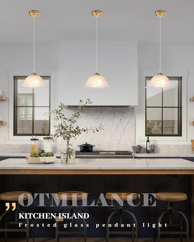 Glass Pendant Lights Kitchen Island, 11.8 Inch Frosted Glass Pendant Light, Gold Pendant Light 2-Pack, Kitchen Pendant Lights for Kitchen Island, Dining Room, Bar, Cafe