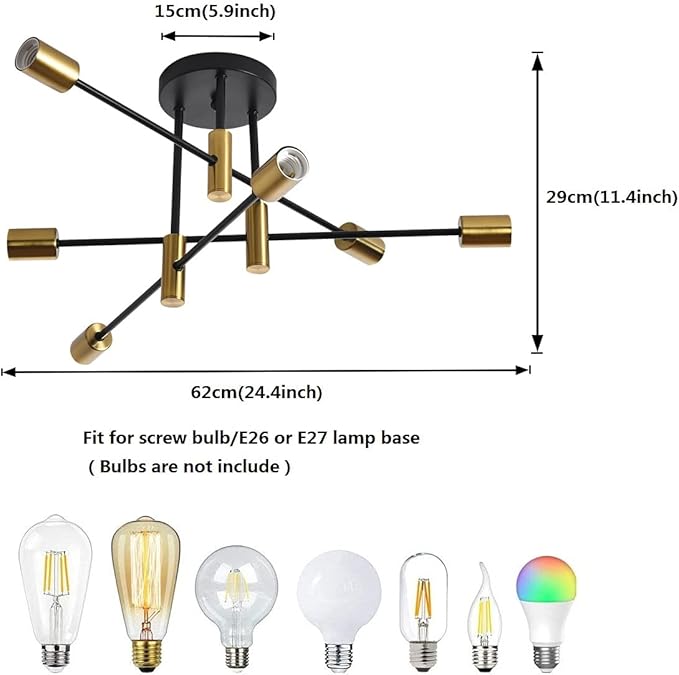 Garwarm Ceiling Light Fixture, 6-Lights Black and Gold Mid Century Semi Flush Mount Ceiling Light,Modern Sputnik Chandelier for Kitchen Dining Room Bedroom Entryway Hallway