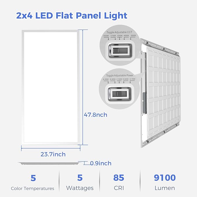 AIKVSXER 42 Pack 2x4 LED Flat Panel Light, Dimmable Recessed Drop Ceiling Light Fixture for Office Kitchen,9100LM,Switchable 5CCT 3000K/4000K/5000K/5700K/6500K, 5 Wattages 30W/40W/50W/60W/70W