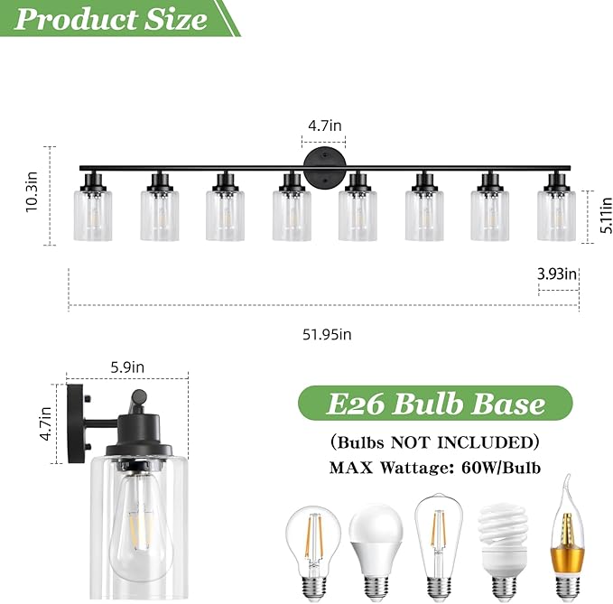 8-Light Black Vanity Lights, Modern Bathroom Light Fixtures with Clear Glass Shade, Wall Lamps for Mirror Kitchen Hallway Cabinet Living Room Sconces Lights - E26