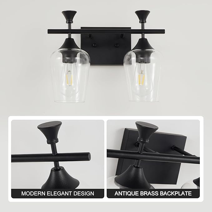 Bathroom Light Fixtures (2-Light, 14 Inch), Matte Black Vanity Lights for Bathroom with Clear Wine Glass Glass Shade, Modern Vanity Wall Lights for Mirror Bedroom Living Room Kitchen Hallway Porch