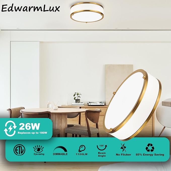 Edwarmlux 12.5 Inch LED Flush Mount Ceiling Light Fixture, 26W, Modern Ceiling Light, 3 Color Adjustable 3000K/4000K/5000K, Dimmable Ceiling Lamp for Bedroom Hallway Bathroom Kitchen (White Gold)