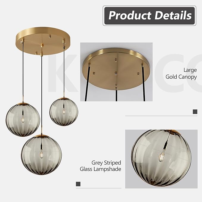 KCO Lighting Modern Gold 3 Light Hanging Pendant Light Large Smoke Glass Globe Cluster Chandelier Brush Brass Kitchen Island Light Fixture Nordic Multi Light Pendant Lighting