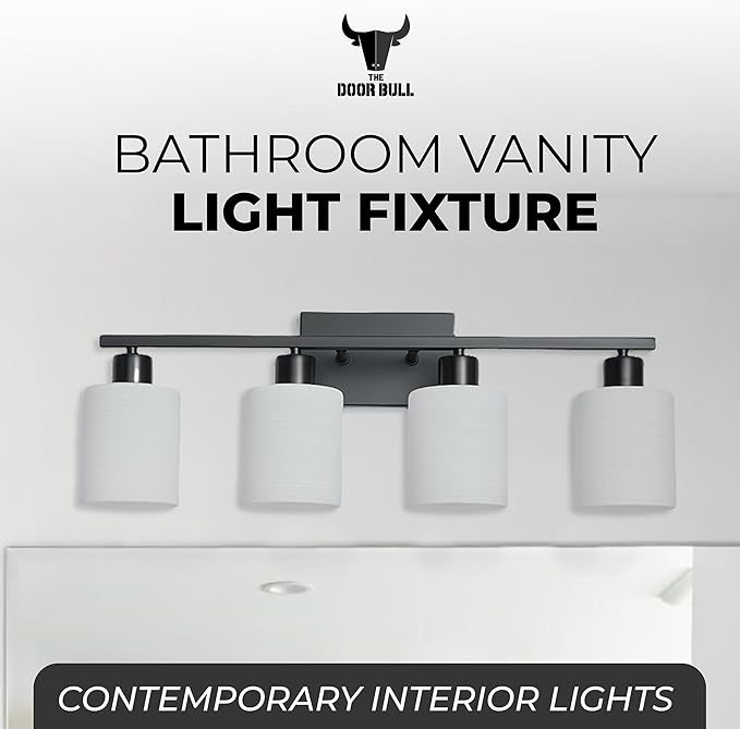 The Door Bull Modern Bathroom Vanity Light, Milky White Glass Shades, Wall Sconce for Bedroom & Living Room, E26 Socket, Over Mirror Lighting Fixture (Matte Black, 4 Lights)