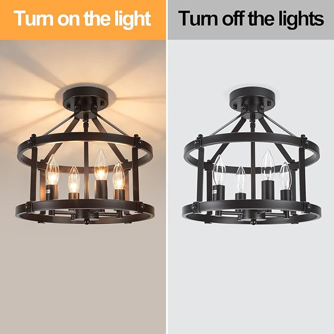 13.5 Inch Black Farmhouse Semi Flush Mount Ceiling Light Fixture,4-Light Rustic Ceiling Mount Lights, Industrial Flush Mount Ceiling Lighting for Kitchen Bedroom Hallway Dining Room Laundry Room