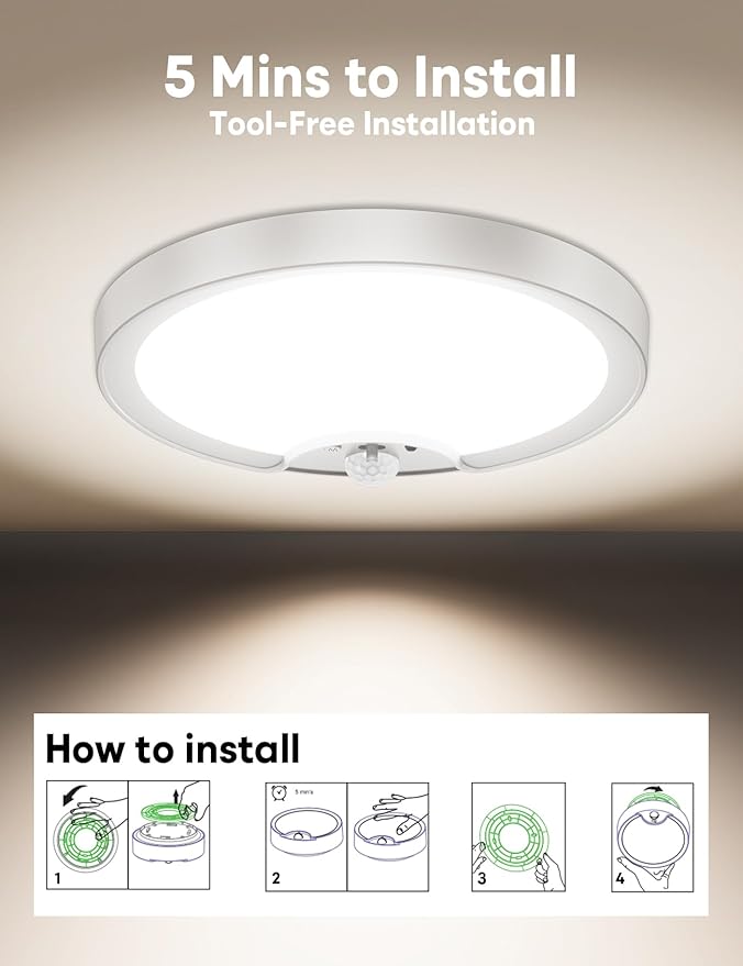 Fizrice Motion Sensor Flush Mount Ceiling Light 2 Pack, 8000mAh 500LM Battery Operated Wireless LED Fixture with Remote Control & Stepless Dimming for Closet Shower Stairs Shed Hallway