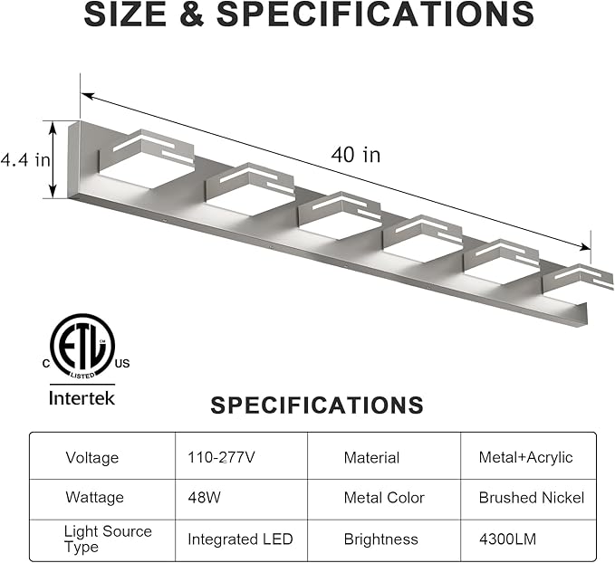 LED Modern Bathroom Vanity Light Fixtures, 6-Light 40-inch Dimmable Brushed Nickel Vanity Lights for Bathroom Lighting Fixtures Over Mirror, with 360° Rotatable Acrylic Heads (Cool White 6000K)