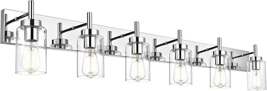 VINLUZ Bathroom Vanity Light Chrome Finished Vintage Wall Lighting Fixtures with Clear Glass Shade Modern Sconces Wall Light for Bedroom Hallway (Patent No.: US D958,438 S)