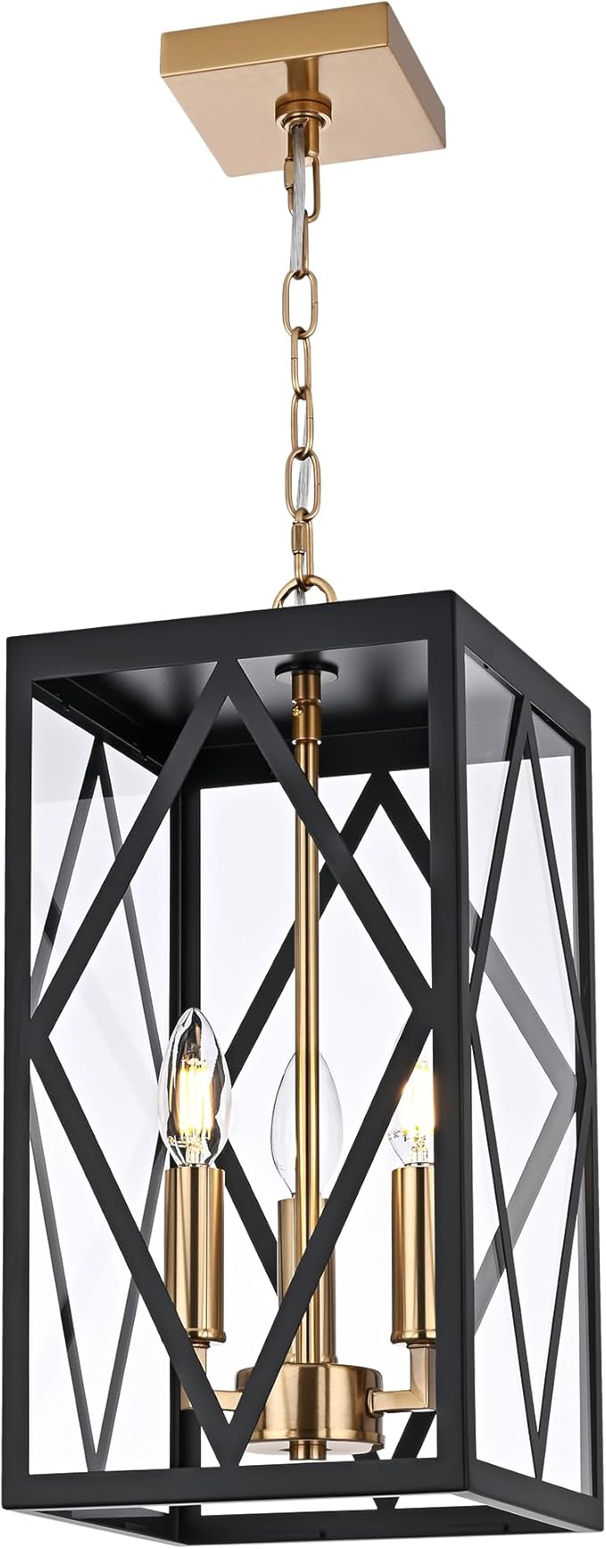 15.7'' Outdoor Pendant Light Black Brass, Exterior Ceiling Hanging Lantern Porch Light with Clear Glass, Outdoor Hanging Lantern Lighting Exterior Pendant Lighting Fixture for Porch, Gazebo