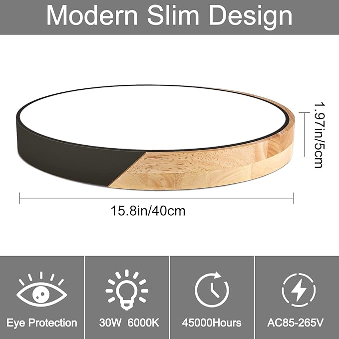 Led Ceiling Light Flush Mount: 15.8 Inch 30W Bedroom Light Fixture with Round Wood Modern Black Flat Overhead Minimalist Ceiling Lamps for Kitchen Hallway Laundry Cold White 6000K, Not Dimmable